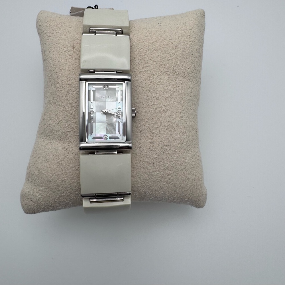 Fossil ES2050 White Ceramic MOP Rhinestone Bracelet Watch NWT Mother of Pearl